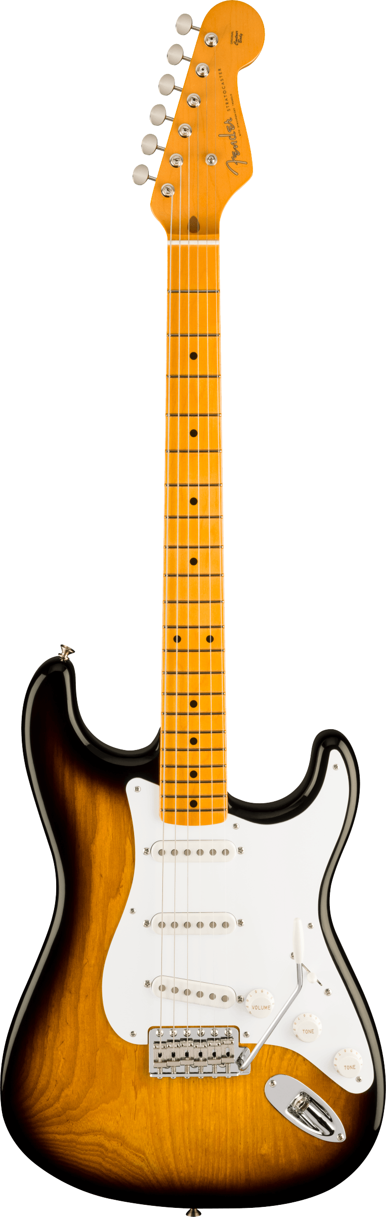 Sunburst electric guitar with a white pickguard, three single-coil pickups, maple neck, and six tuning pegs on an angled headstock.