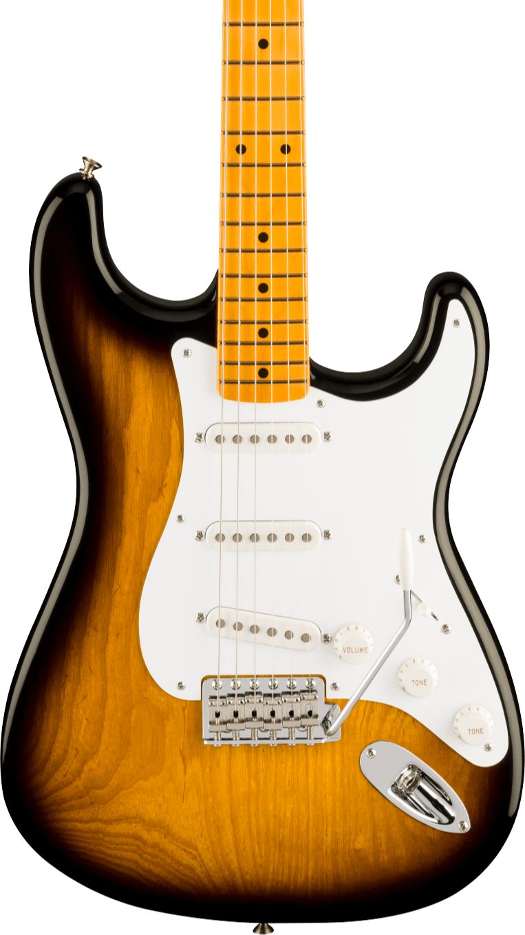 Sunburst electric guitar with a white pickguard, three single-coil pickups, chrome bridge, and amber maple fingerboard.