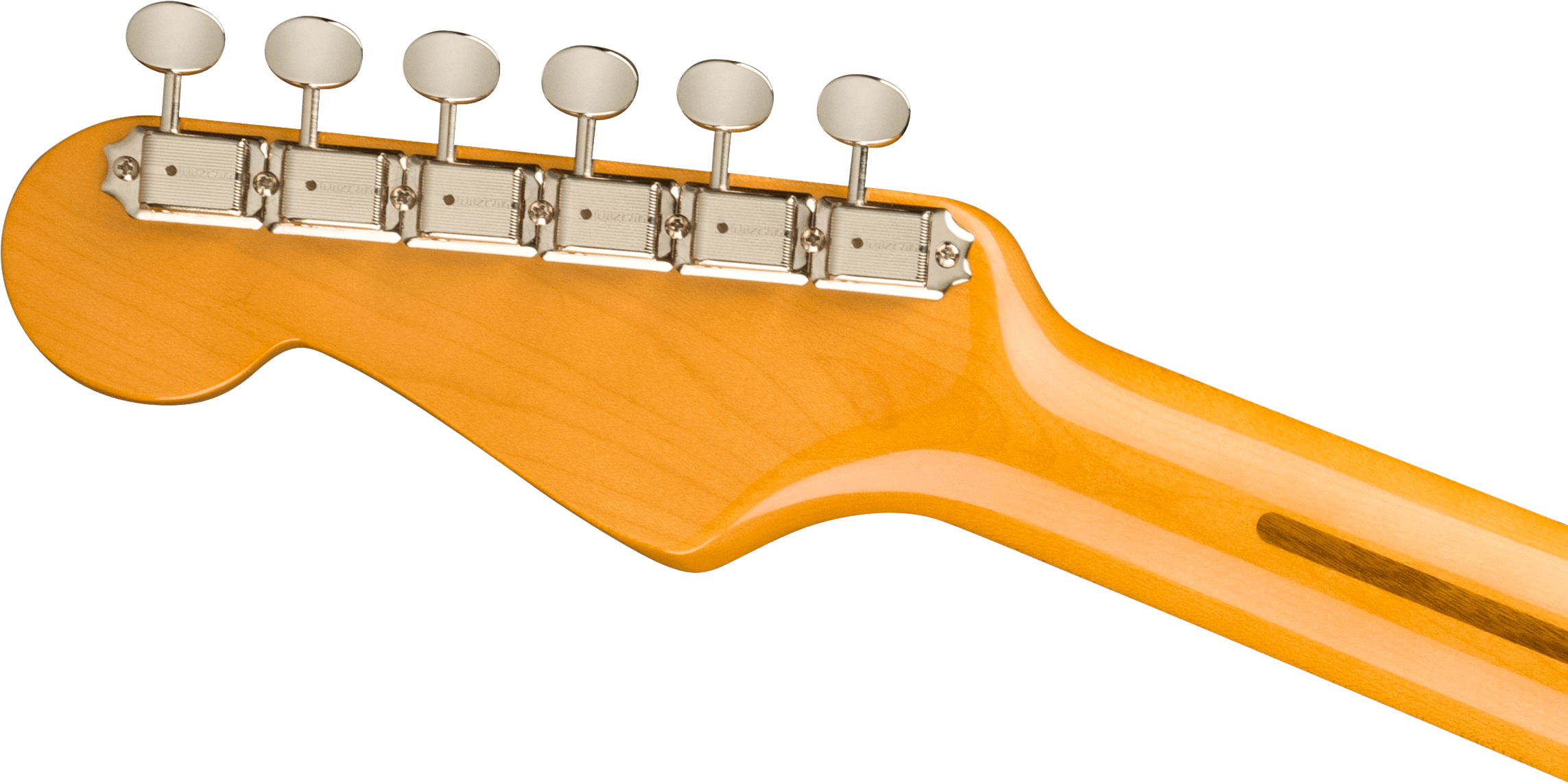 Glossy light wood electric guitar headstock with six chrome tuning pegs in a row, viewed from the back.