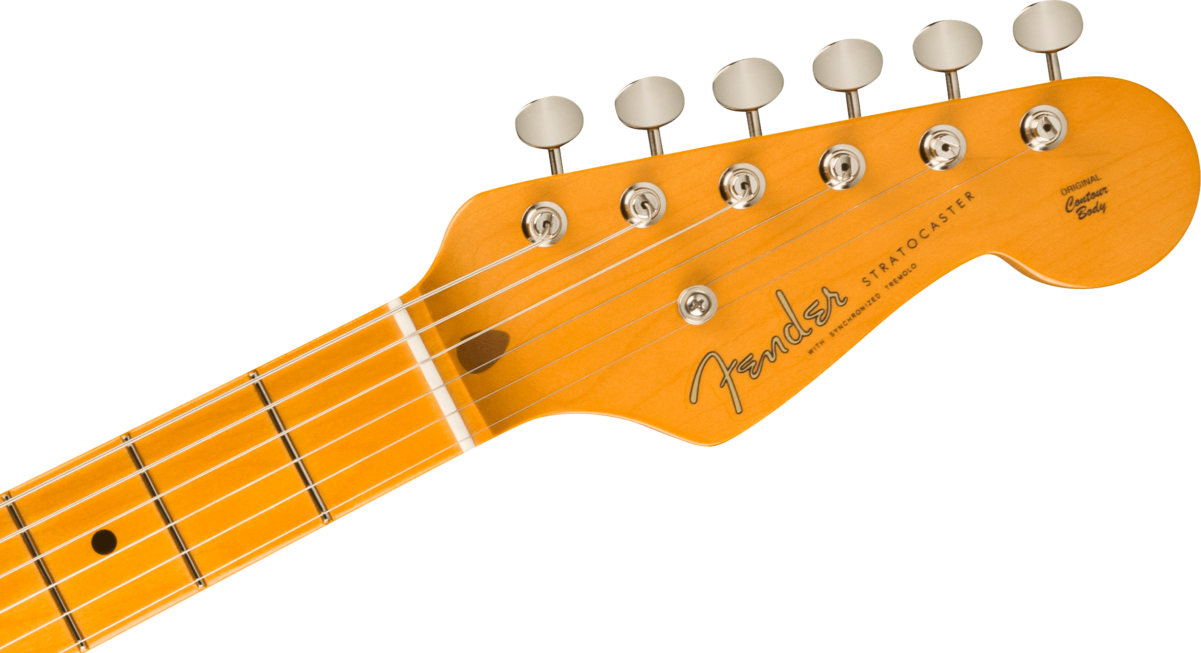 Maple neck and headstock of a Fender Stratocaster electric guitar, six tuning pegs on top, strings attached, Fender logo and model details visible.