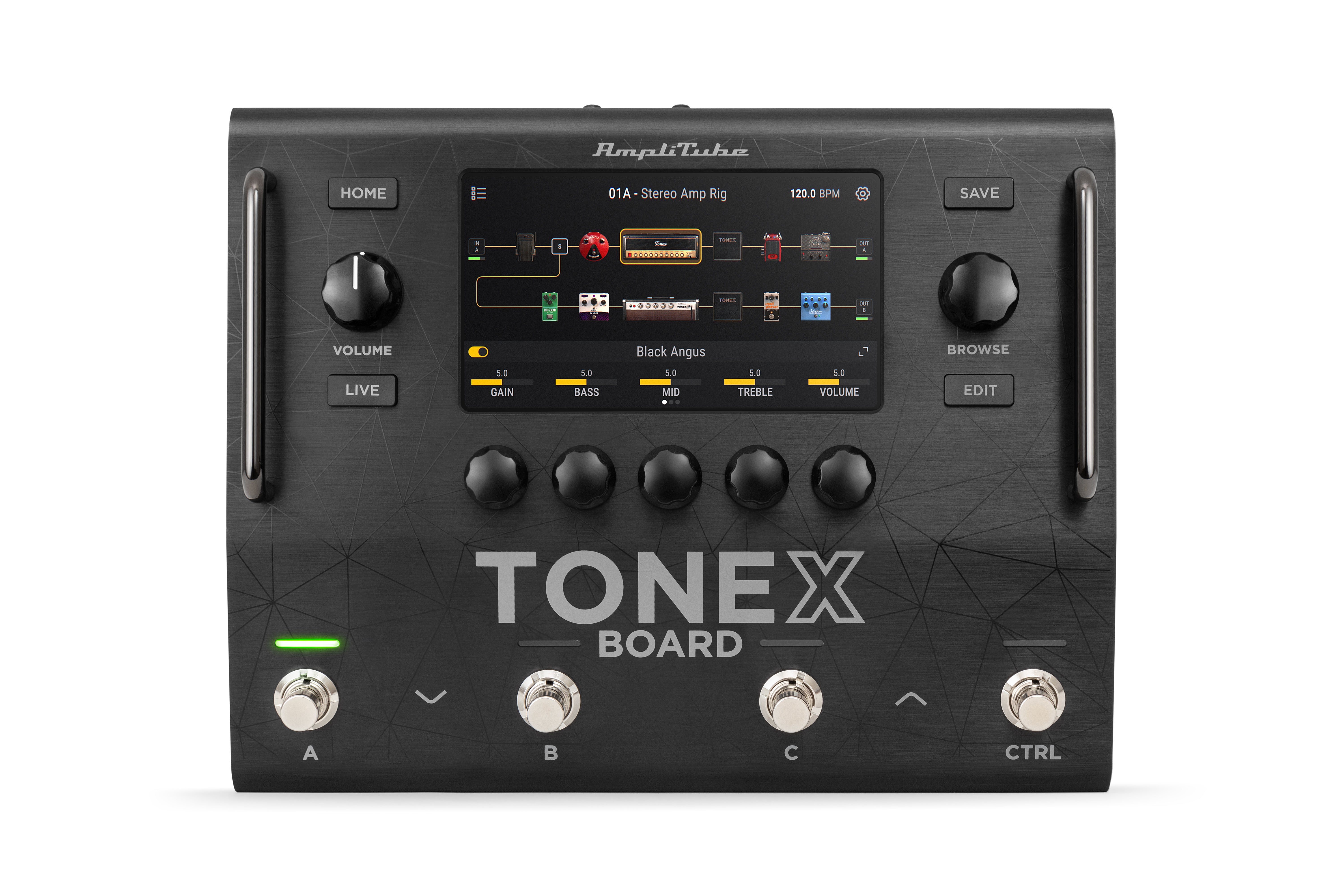Black ToneX effects pedal with a color display, six knobs, four footswitches labeled A, B, C, CTRL, and various labeled buttons.
