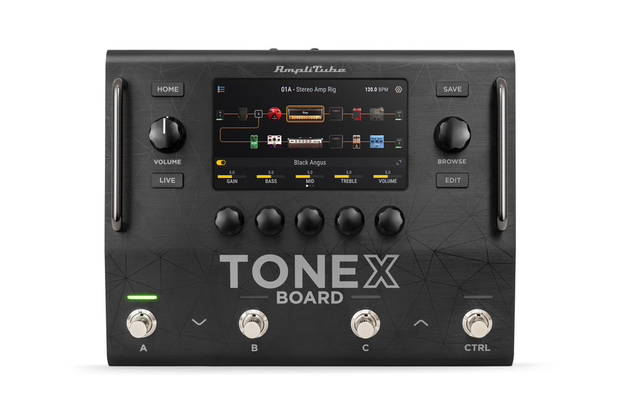 Black ToneX effects pedal with a color display, six knobs, four footswitches labeled A, B, C, CTRL, and various labeled buttons.