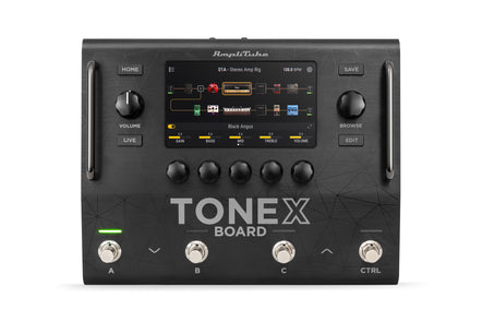 Black ToneX effects pedal with a color display, six knobs, four footswitches labeled A, B, C, CTRL, and various labeled buttons.