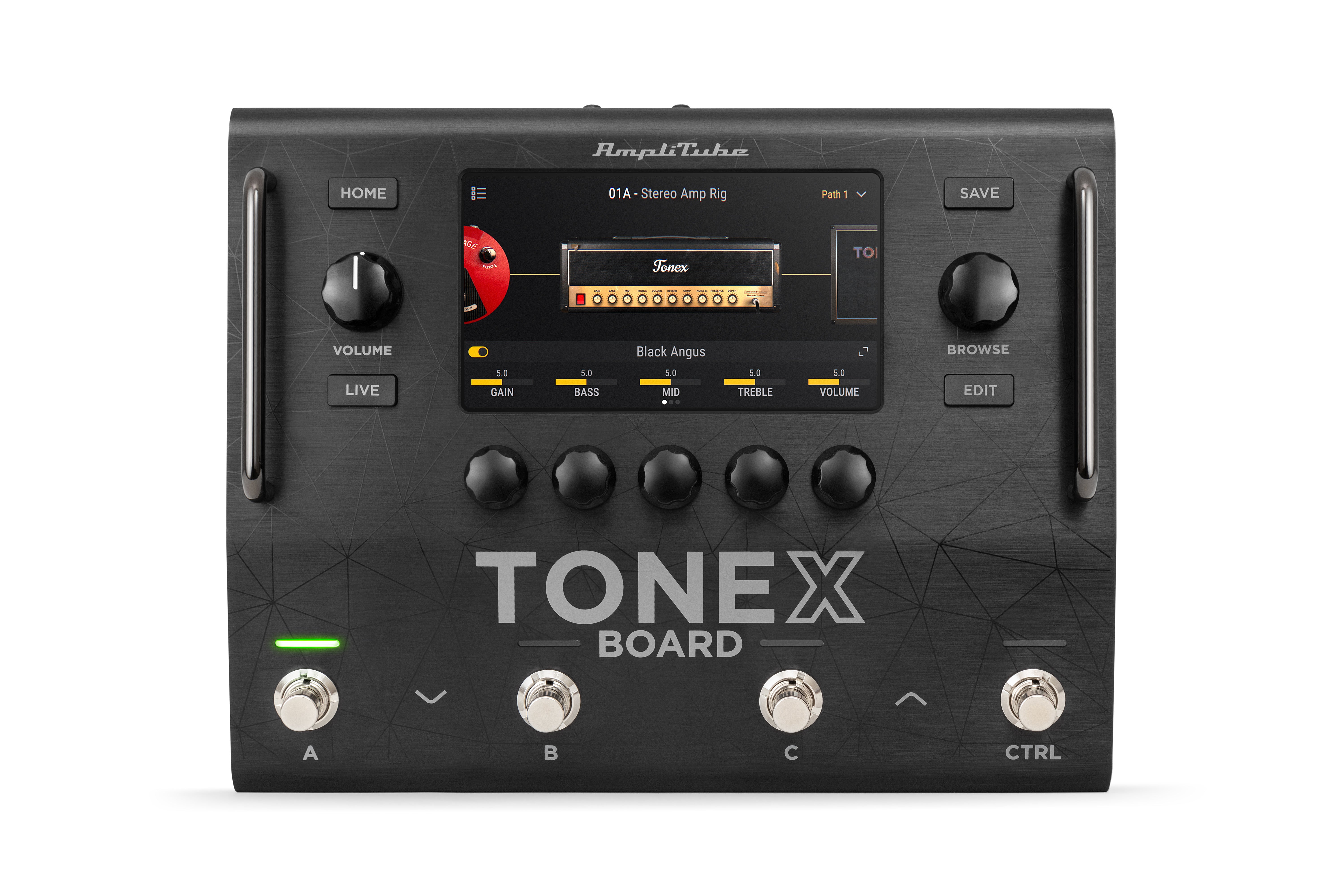 Black ToneX effects pedal with a color screen, multiple knobs, four footswitches labeled A, B, C, CTRL, and buttons for Home, Save, Live, and Edit.