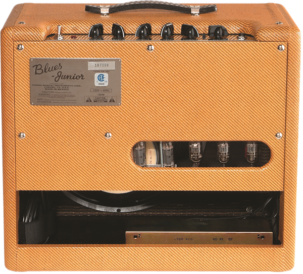 Fender Blues Junior amplifier in tweed covering, rear panel showing control knobs, metal nameplate, glass vacuum tubes, and speaker partially visible.