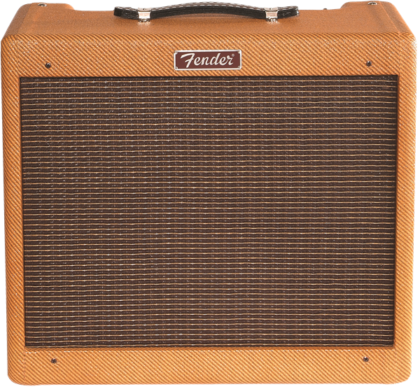 Fender amplifier with a tan textured exterior, brown speaker grille, and black carrying handle on top.