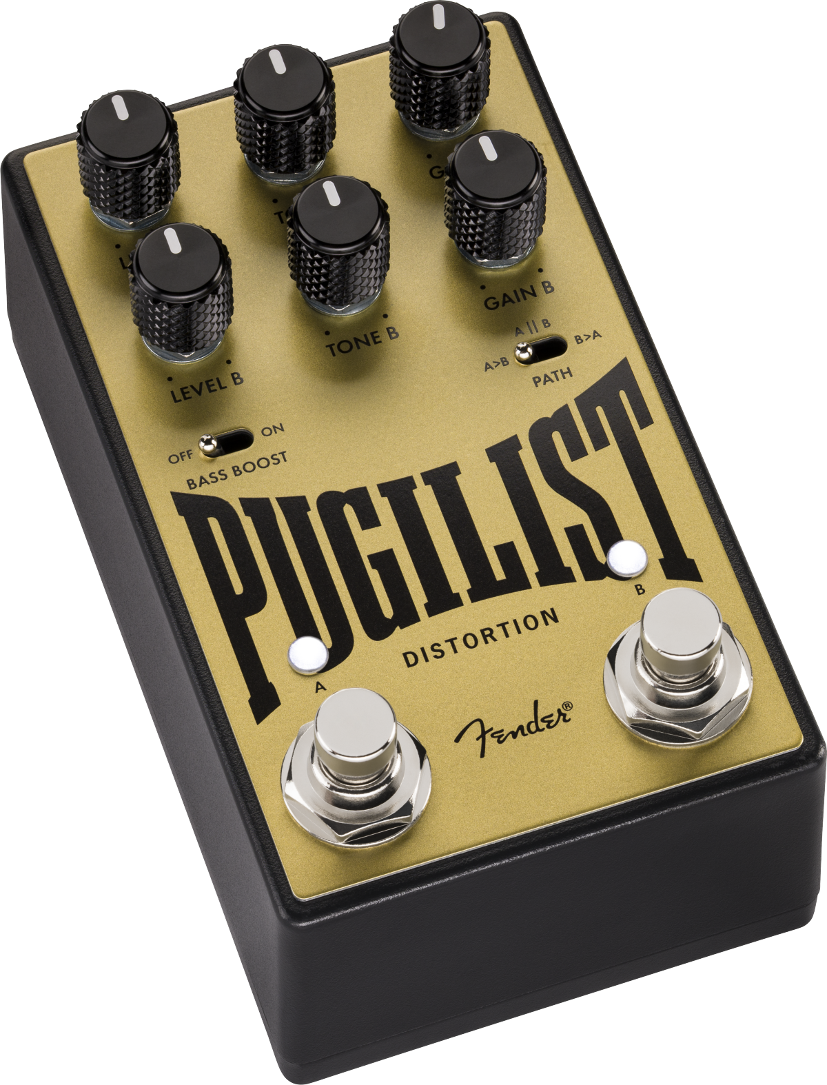 Pédale d'effet dorée avec six gros boutons noirs, deux interrupteurs à pied argentés, intitulée Pugilist Distortion, marque Fender.