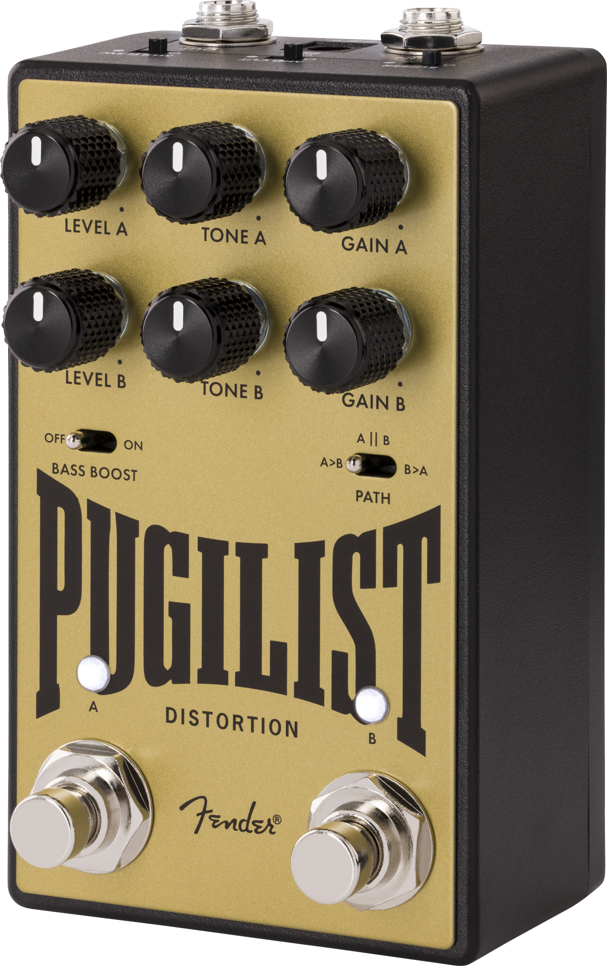 Pédale d’effet dorée avec six gros boutons noirs, deux interrupteurs, deux footswitches métalliques et le texte « Pugilist Distortion Fender ».