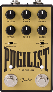 Gold Fender Pugilist Distortion FX pedal with six black knobs, two footswitches, two toggle switches, and large black text across the front.