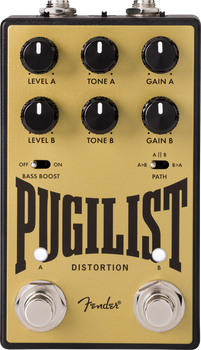 Gold Fender Pugilist Distortion FX pedal with six black knobs, two footswitches, two toggle switches, and large black text across the front.