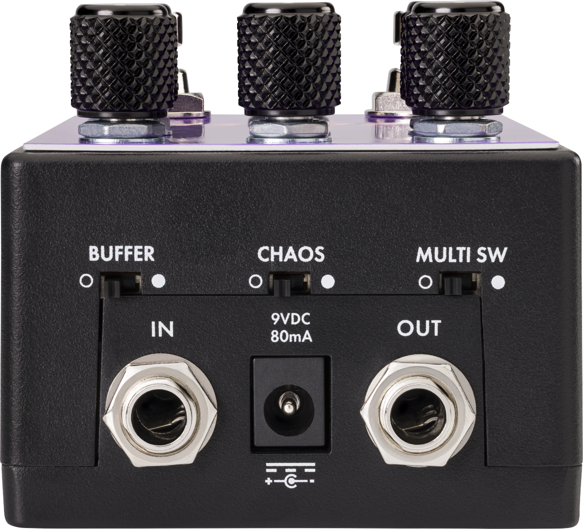 Guitar FX pedal rear panel with three toggle switches labeled BUFFER, CHAOS, MULTI SW, two 1/4" IN/OUT jacks, and a 9V DC 80mA power input.