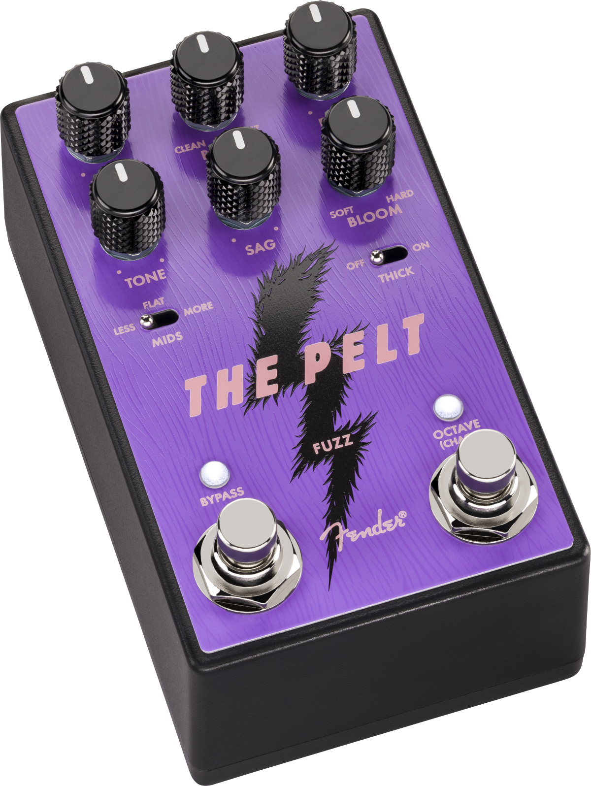 Purple guitar FX pedal with five black knobs, two footswitches, and toggle switches labeled Tone, Sag, Bloom, Thick. "The Pelt" and Fender branding.