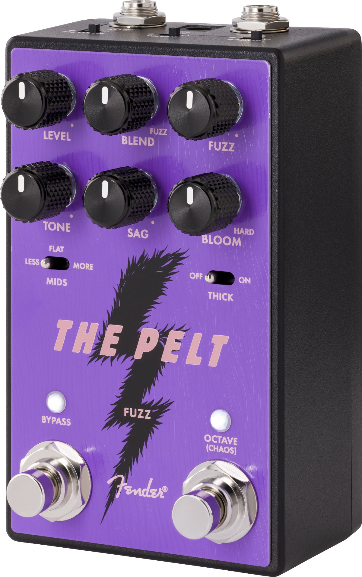 Fender The Pelt Fuzz FX pedal in purple with six black control knobs, two switches, and two footswitches labeled BYPASS and OCTAVE (CHAOS).