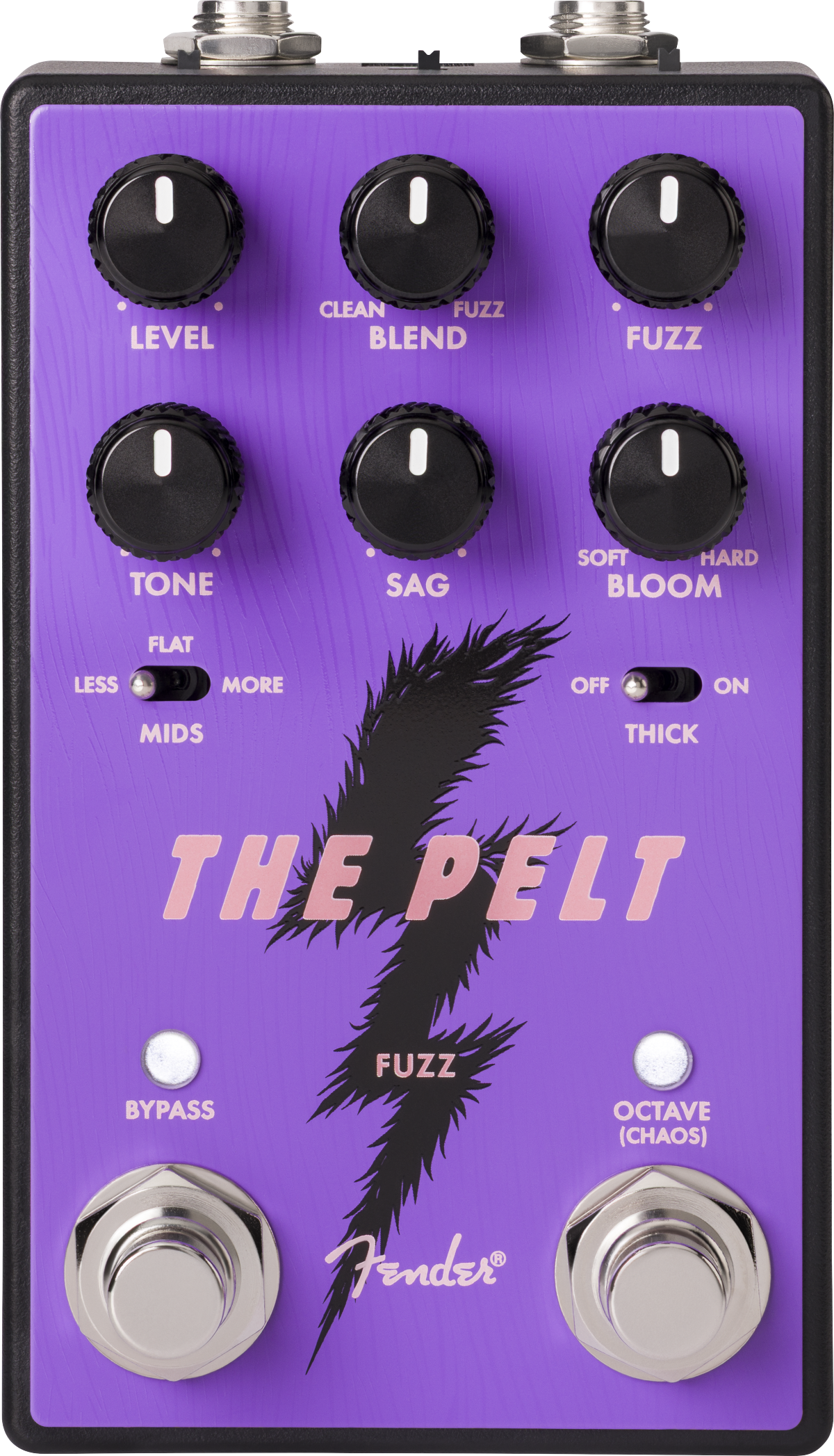 Purple Fender The Pelt fuzz pedal with five black knobs, two switches, and two metal footswitches labeled Bypass and Octave (Chaos).