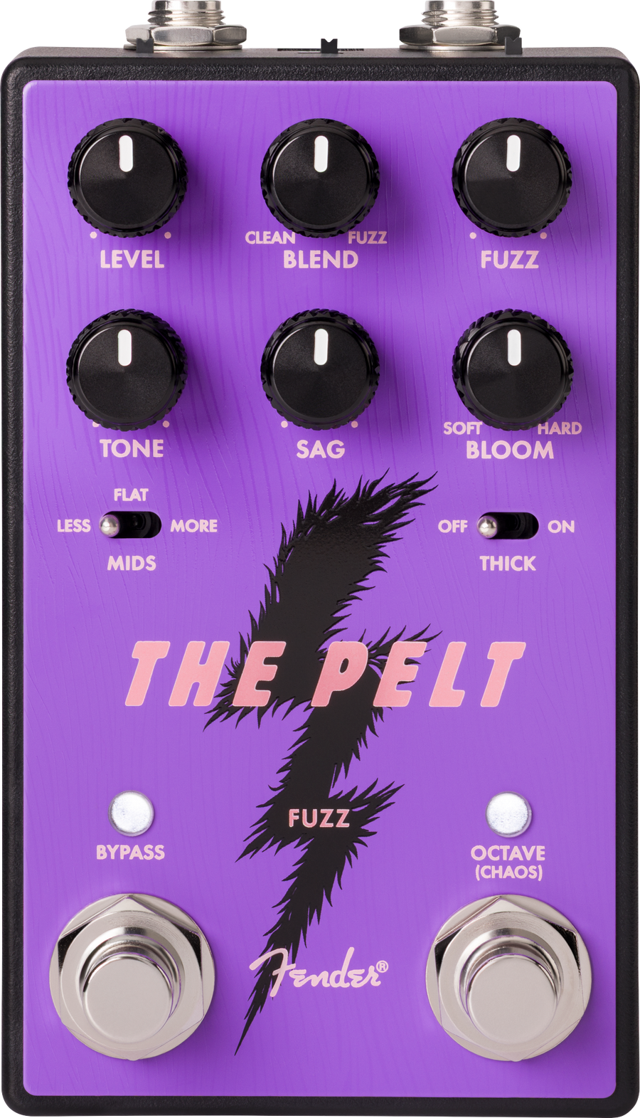 Purple Fender The Pelt fuzz pedal with five black knobs, two switches, and two metal footswitches labeled Bypass and Octave (Chaos).