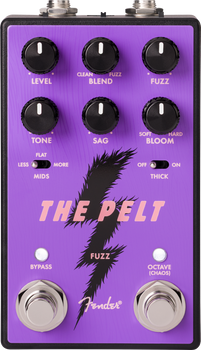 Pédale d’effet guitare violette avec six boutons noirs, deux interrupteurs, deux footswitch, écritures « THE PELT » et « FUZZ » sur le devant.