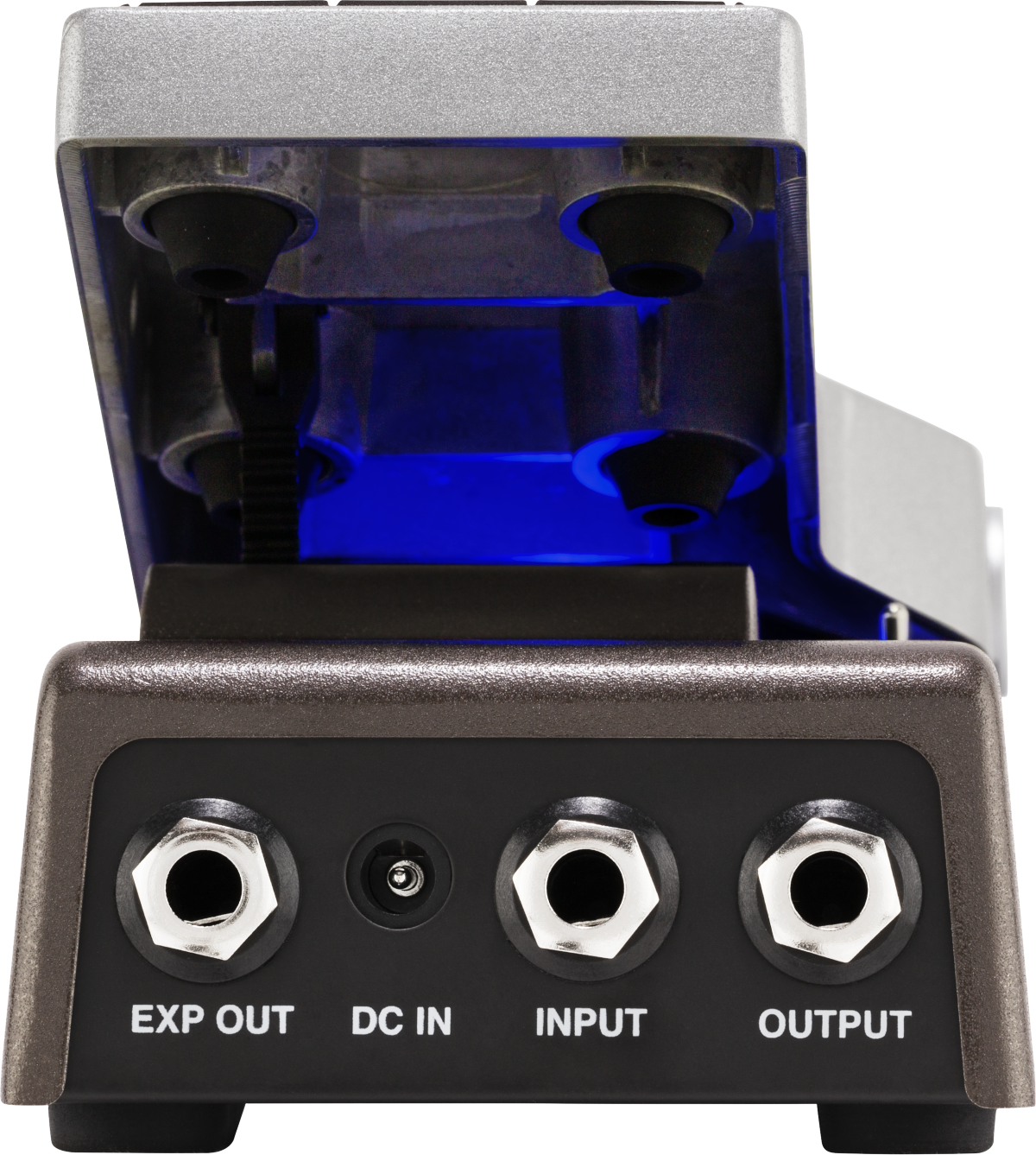 Guitar FX pedal showing EXP OUT, DC IN, INPUT, and OUTPUT jacks on the front, with a raised treadle and blue light underneath.