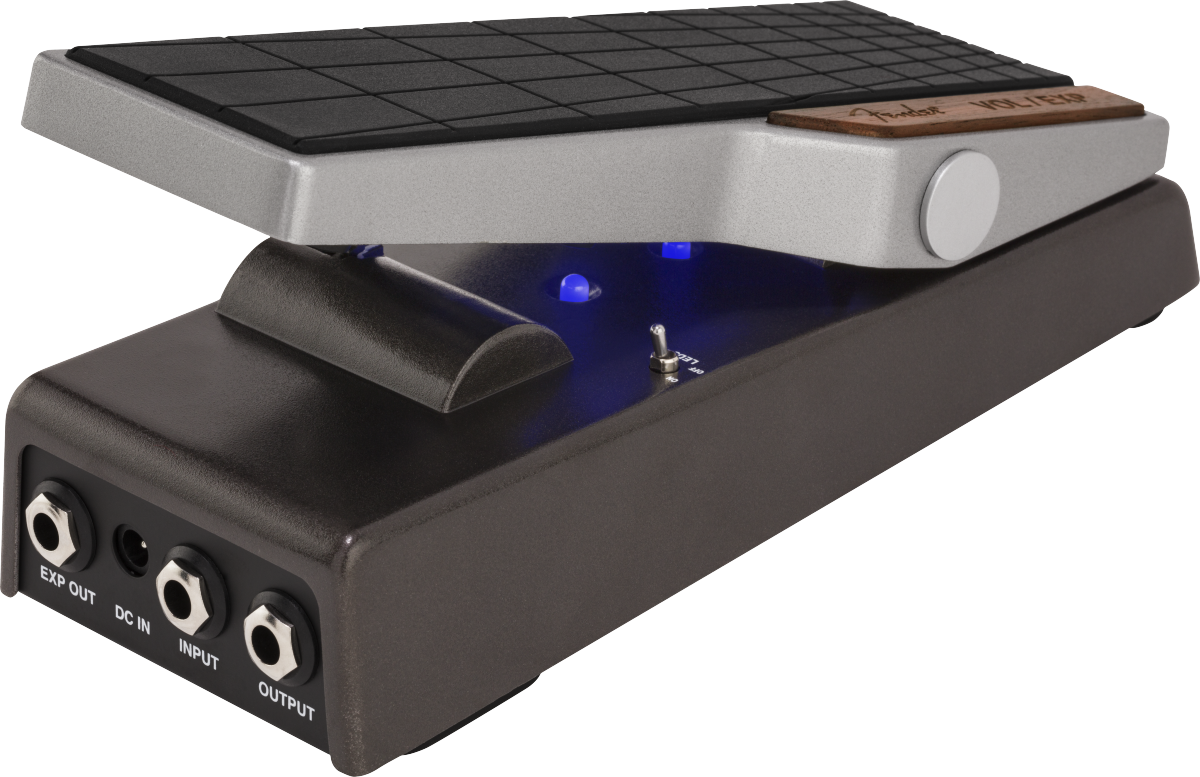 Guitar FX pedal with a slanted foot tread, three side jacks labeled EXP OUT, DC IN, INPUT, and OUTPUT, plus a small switch and blue LED lights.