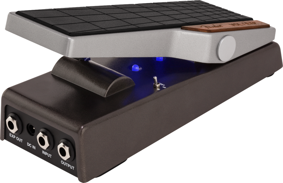 Guitar FX pedal with a slanted foot tread, three side jacks labeled EXP OUT, DC IN, INPUT, and OUTPUT, plus a small switch and blue LED lights.