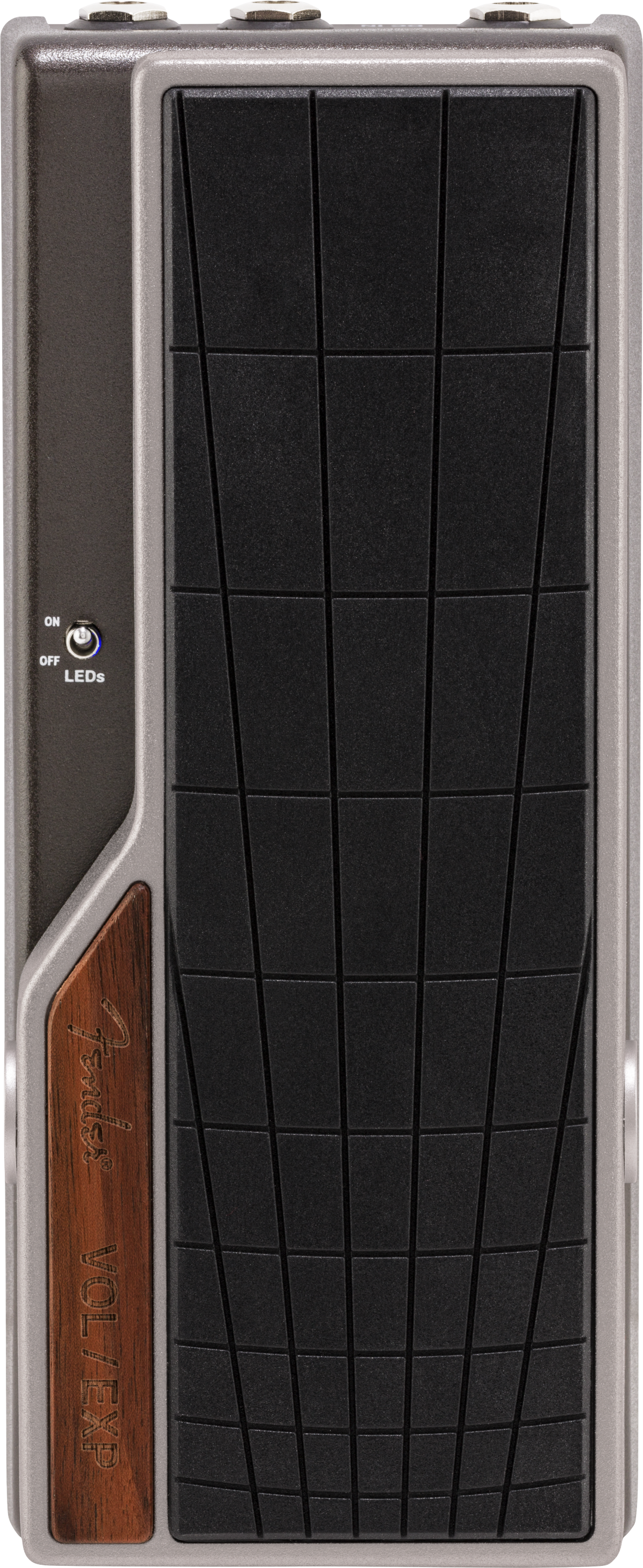 Rectangular FX pedal with a textured black footpad, a small metal on/off switch, and a wood accent labeled Fender VOL/EXP on the left side.
