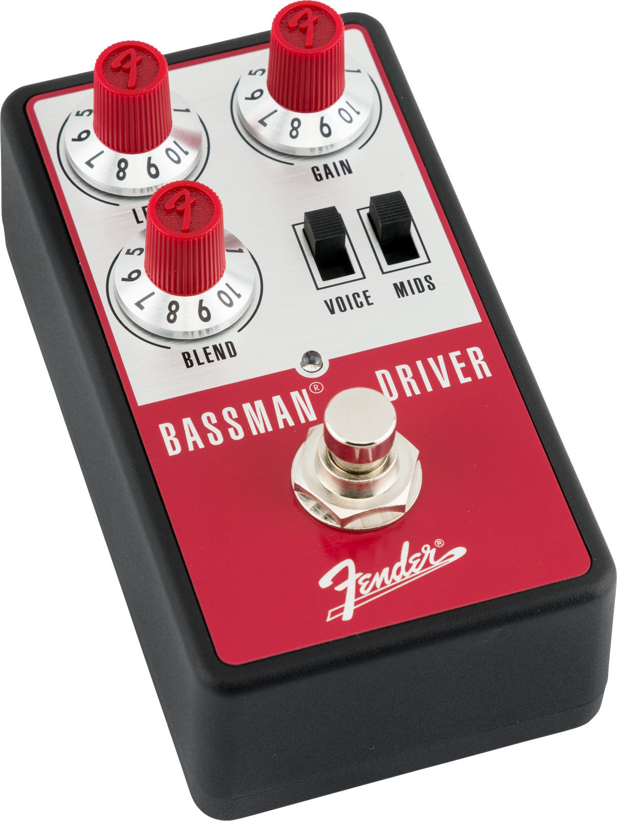 Fender Bassman Driver FX pedal with three red knobs labeled Level, Gain, Blend, two black toggle switches, and a silver footswitch.