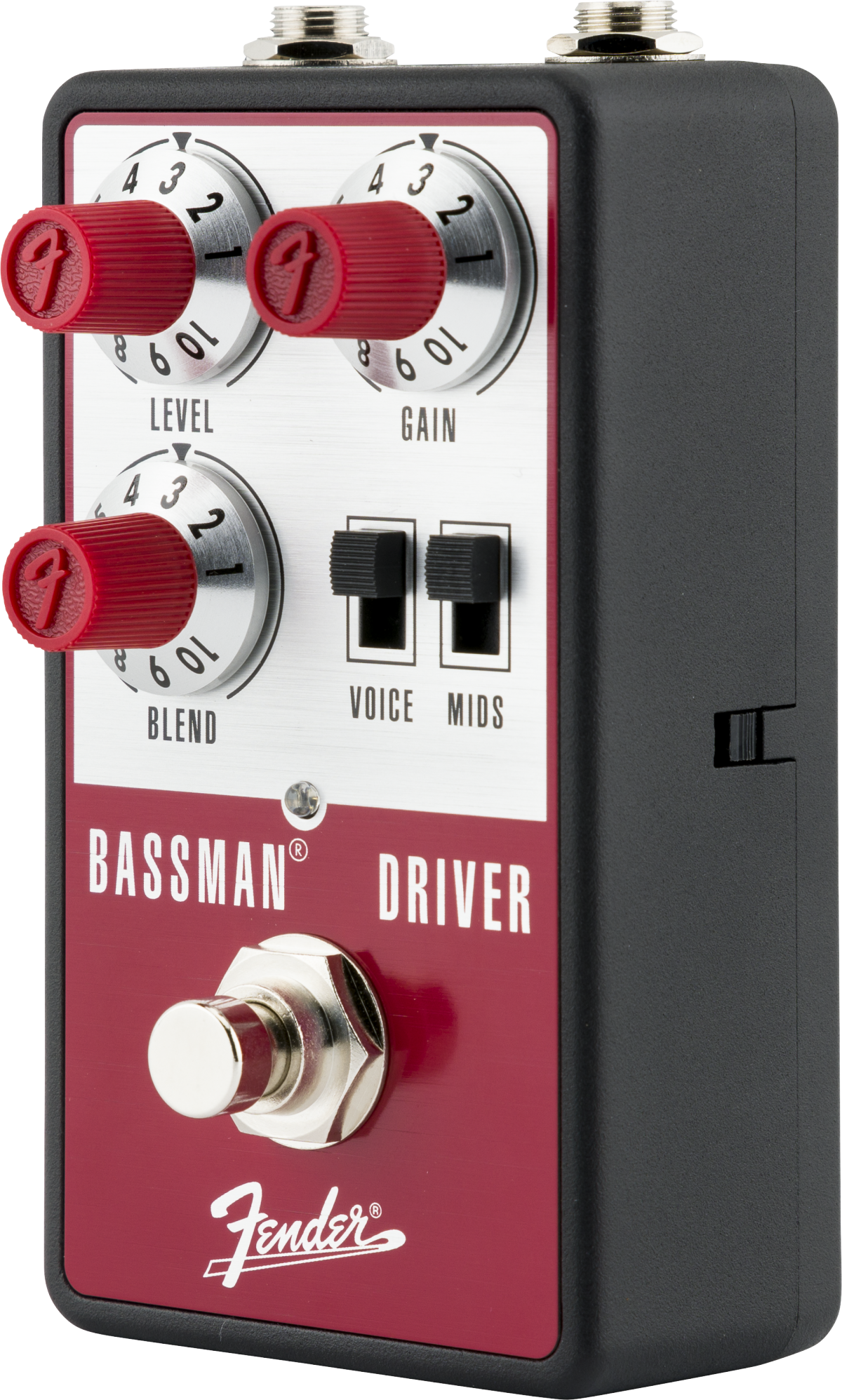 Fender Bassman Driver FX pedal with three red knobs for level, gain, blend, two black switches for voice and mids, and a silver footswitch.
