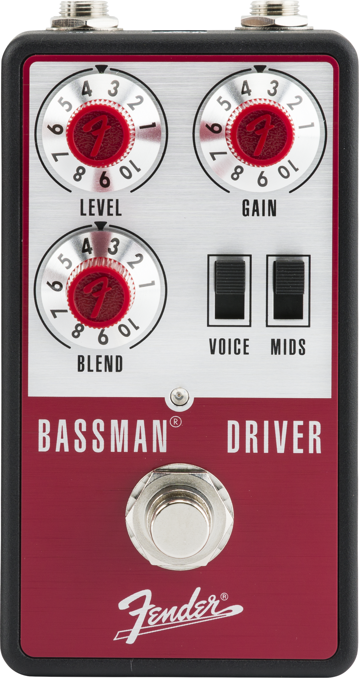 Fender Bassman Driver FX pedal with level, gain, and blend knobs, two toggle switches labeled voice and mids, and a central footswitch.