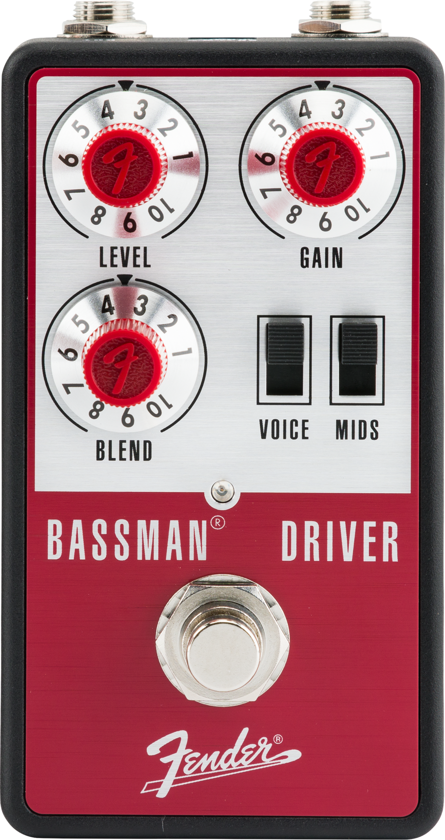 Fender Bassman Driver FX pedal with level, gain, and blend knobs, two toggle switches labeled voice and mids, and a central footswitch.