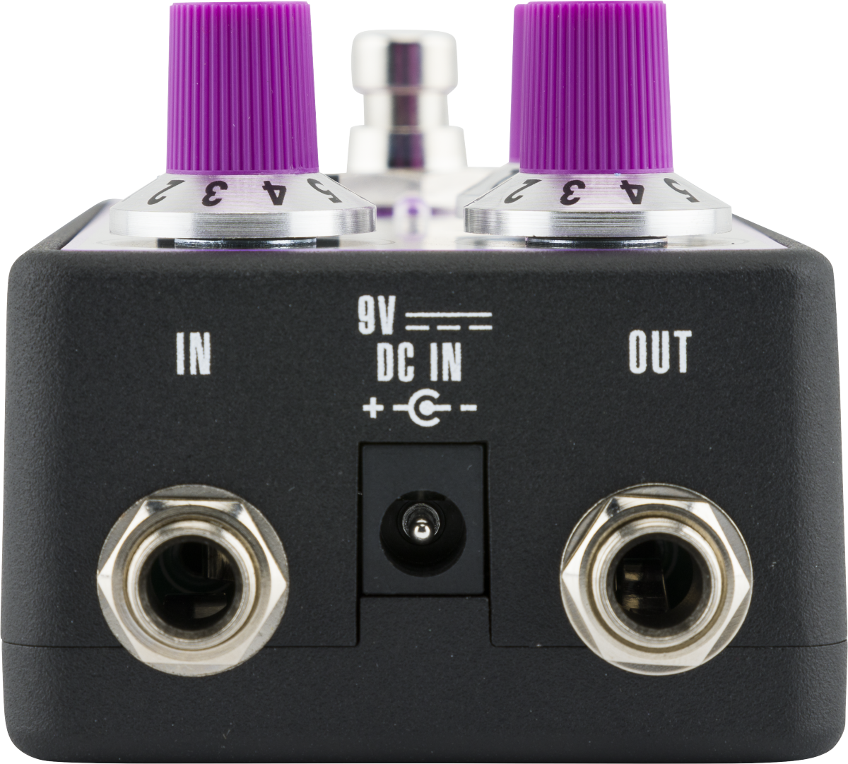 FX pedal with two purple control knobs, 9V DC power input, and quarter-inch input and output jacks labeled IN and OUT on the front panel.