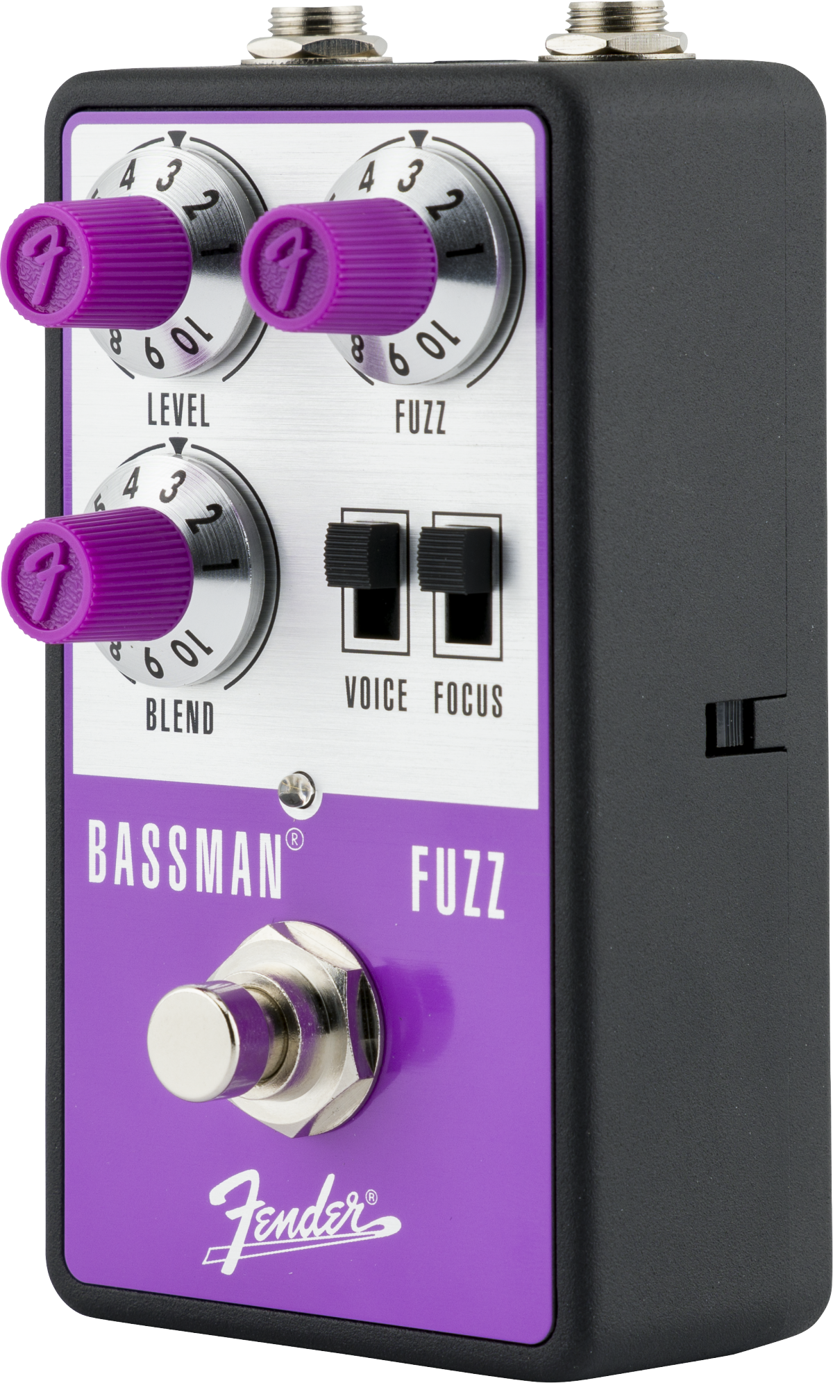 Fender Bassman Fuzz FX pedal with three purple knobs, two black switches labeled Voice and Focus, and a silver footswitch on a purple panel.