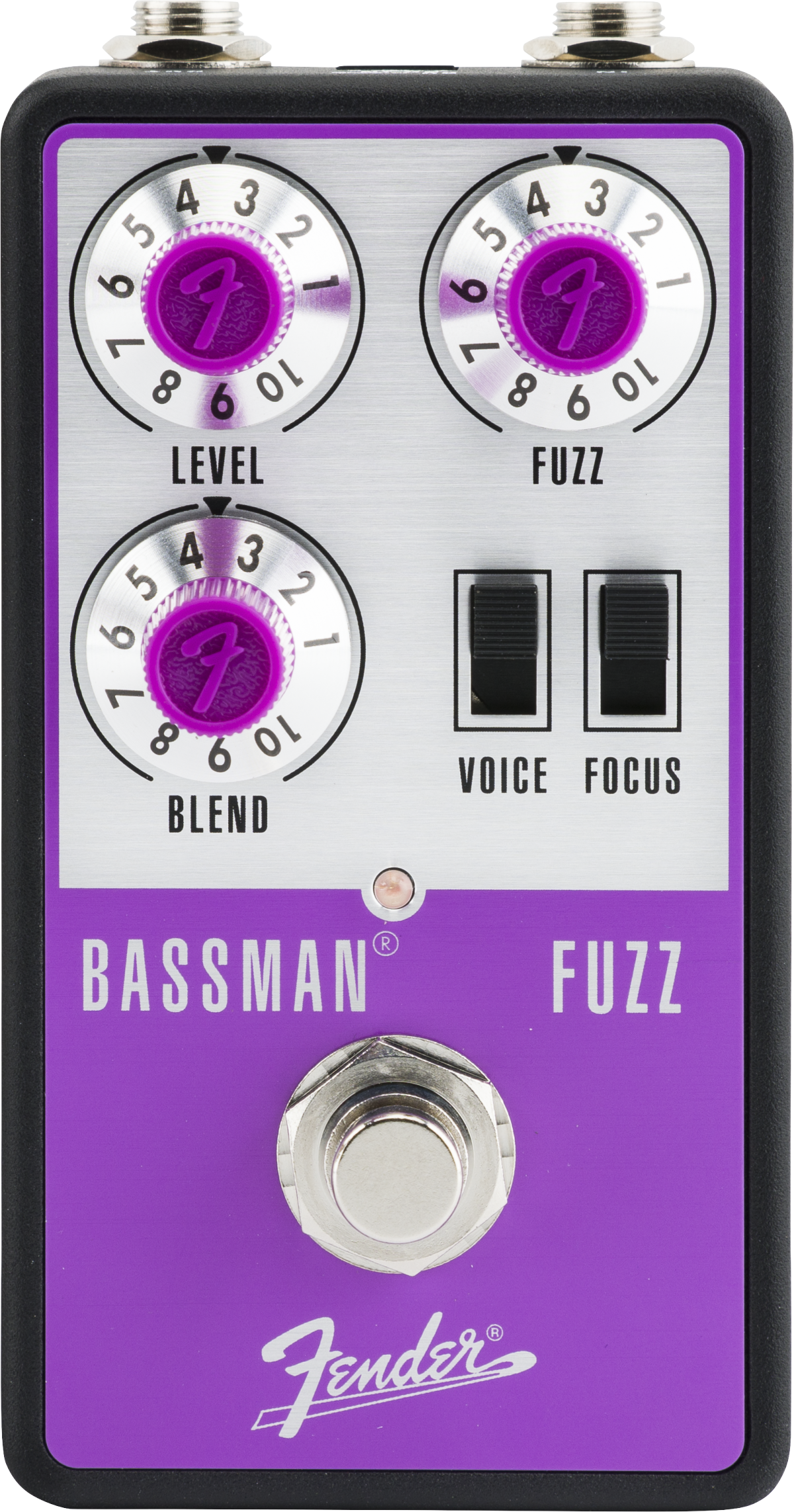 Fender Bassman Fuzz FX pedal, purple face, three silver knobs for level, fuzz, blend, two toggle switches for voice and focus, footswitch below.