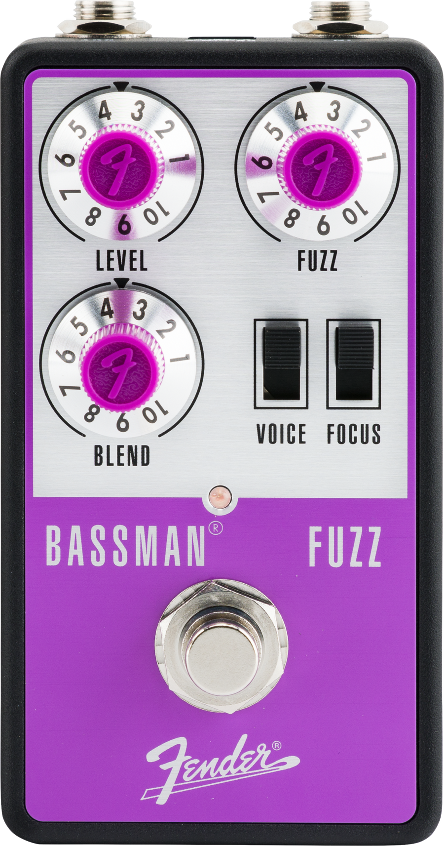 Fender Bassman Fuzz FX pedal, purple face, three silver knobs for level, fuzz, blend, two toggle switches for voice and focus, footswitch below.