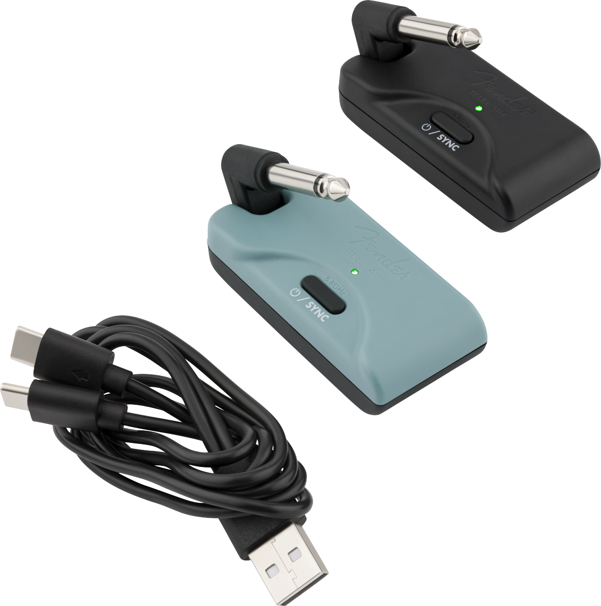 Two wireless guitar transmitter/receiver units, one black and one teal, plus a USB charging cable with two ends.
