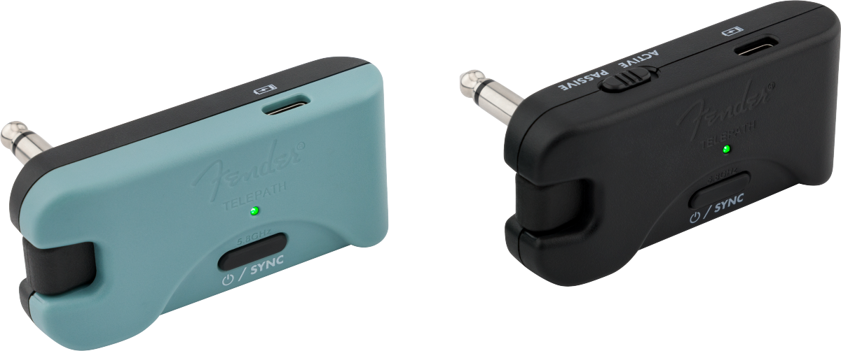 Two Fender Telepath wireless audio transmitters, one teal and one black, each with a jack plug, USB-C port, sync button, and indicator light.