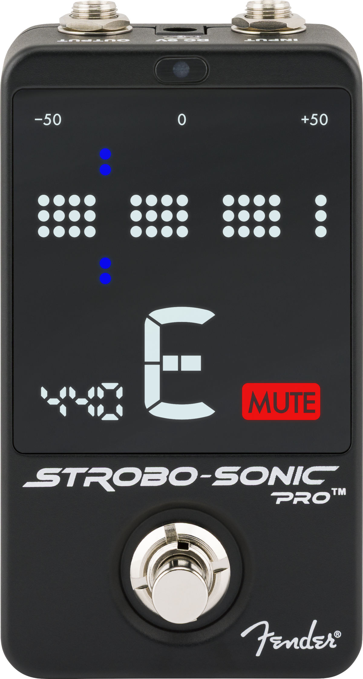 Fender Strobe-Sonic Pro FX pedal displays tuning info on a screen, showing “E,” 440 Hz, blue dots, and a red “MUTE” indicator.