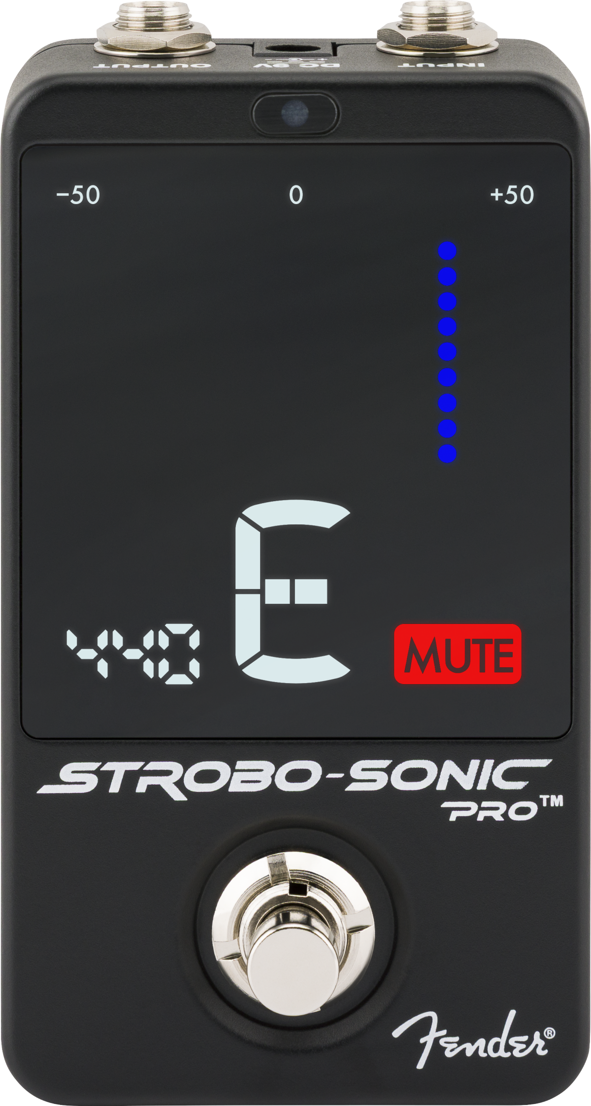 Fender FX pedal with a digital display showing "E," tuning to 440 Hz, blue marker dots, a "MUTE" indicator, and a silver footswitch.