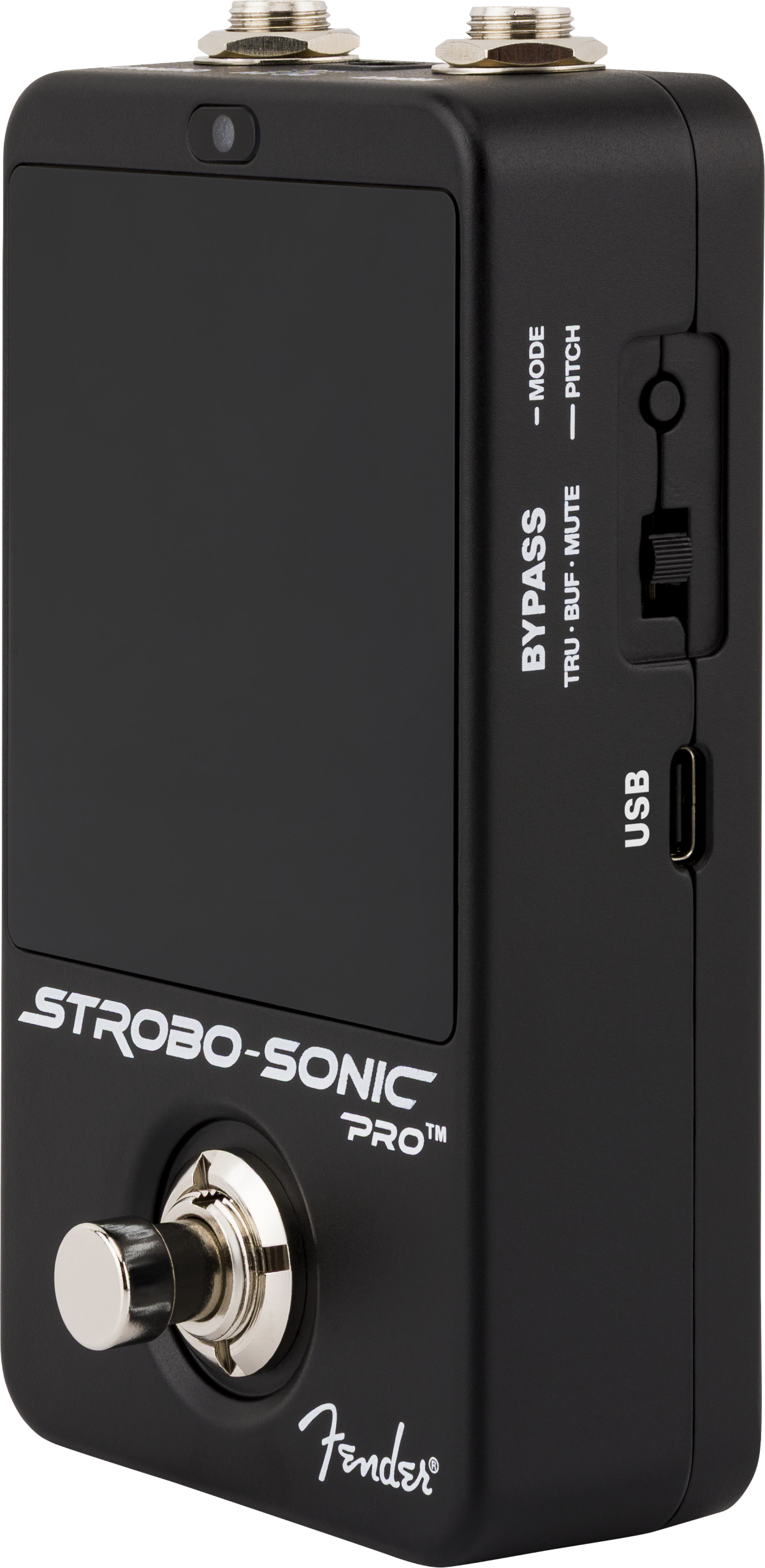 Black rectangular FX pedal labeled "STROBO-SONIC PRO" with footswitch, USB-C port, and bypass/mode switches, Fender logo at the bottom.