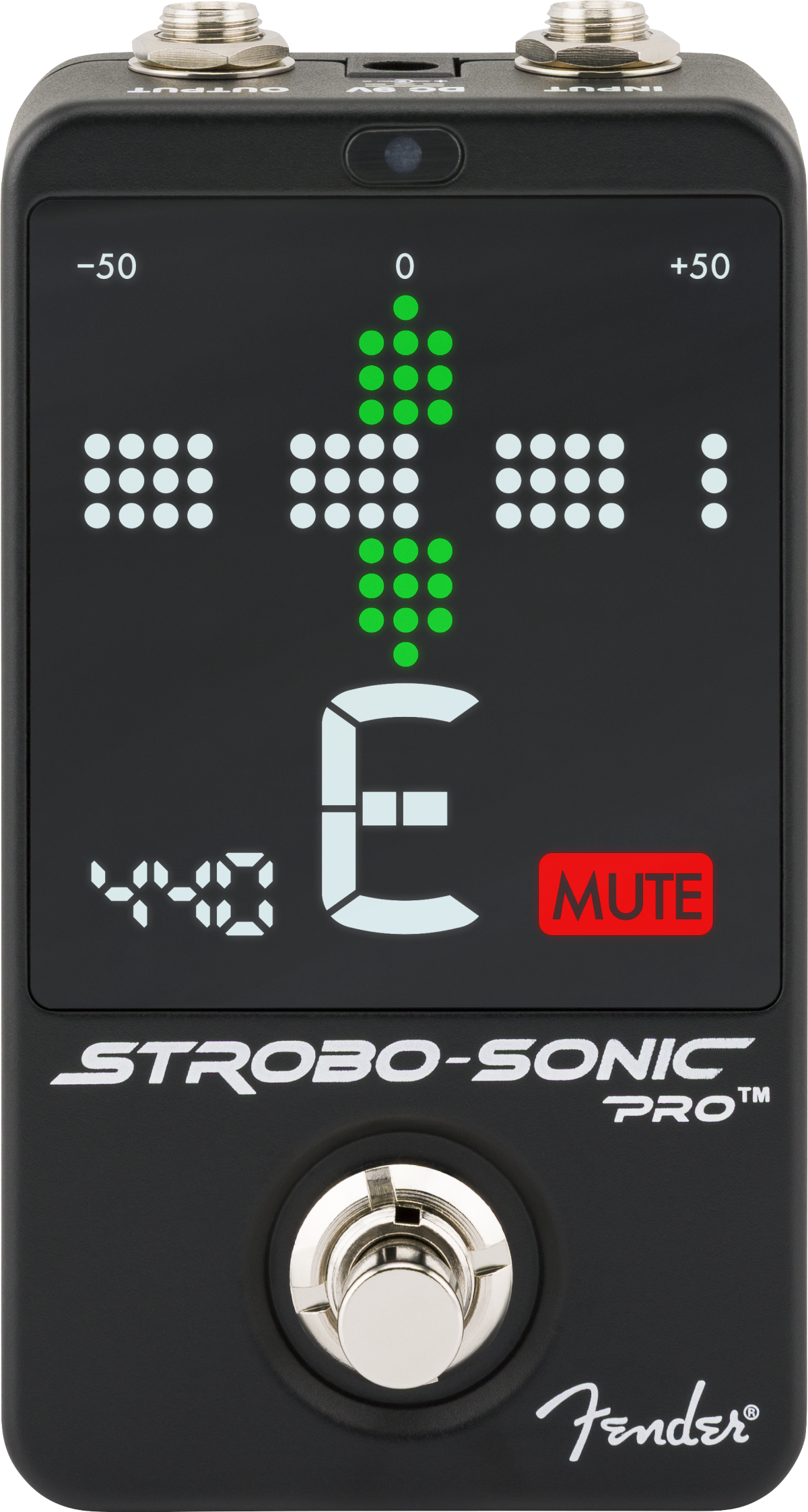 Fender FX pedal with a display showing the letter E, a green tuning graph, 440 Hz, and a red MUTE indicator above a silver footswitch.