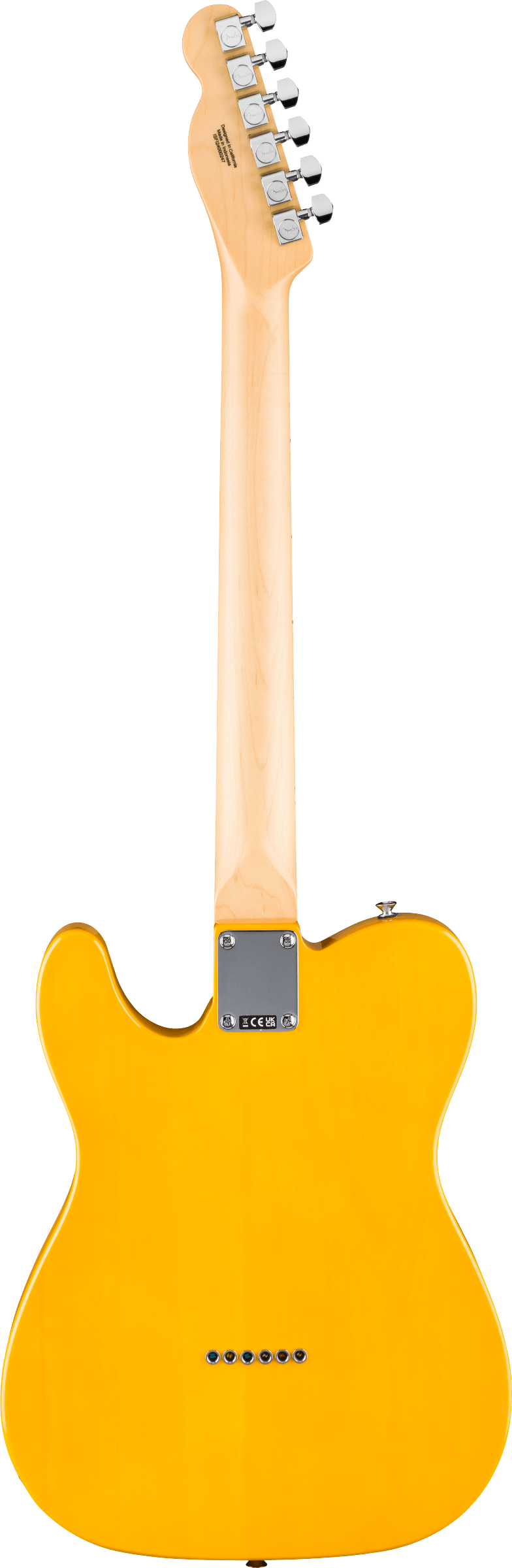 Electric guitar shown from the back, with a glossy yellow body, natural wood neck, six metal tuners, and string-through-body ferrules.