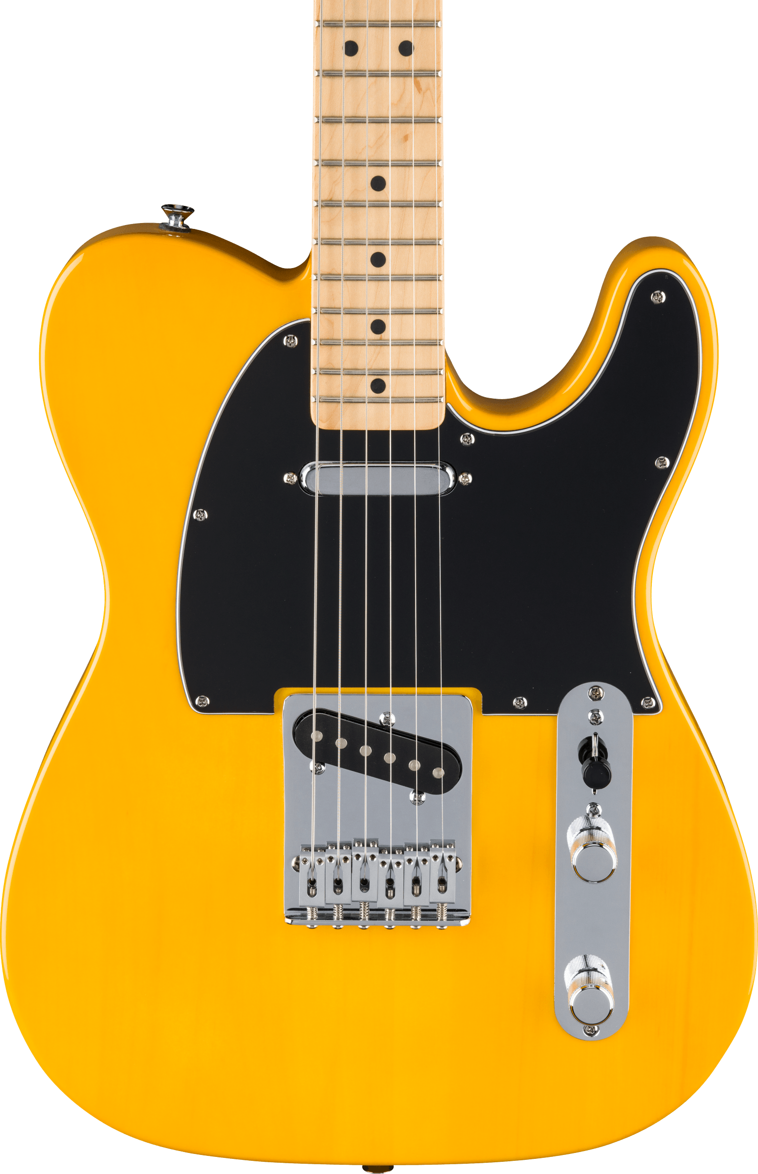 Electric guitar with a glossy yellow body, black pickguard, two pickups, chrome bridge, control plate, and a light wood neck with black dot inlays.