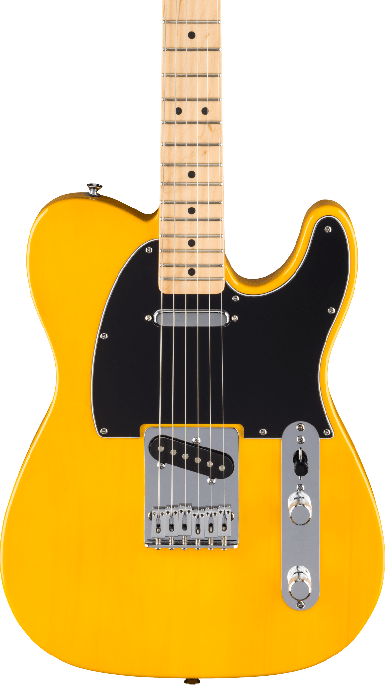 Yellow electric guitar with a black pickguard, two pickups, chrome bridge, control plate with two knobs, and a maple fretboard.