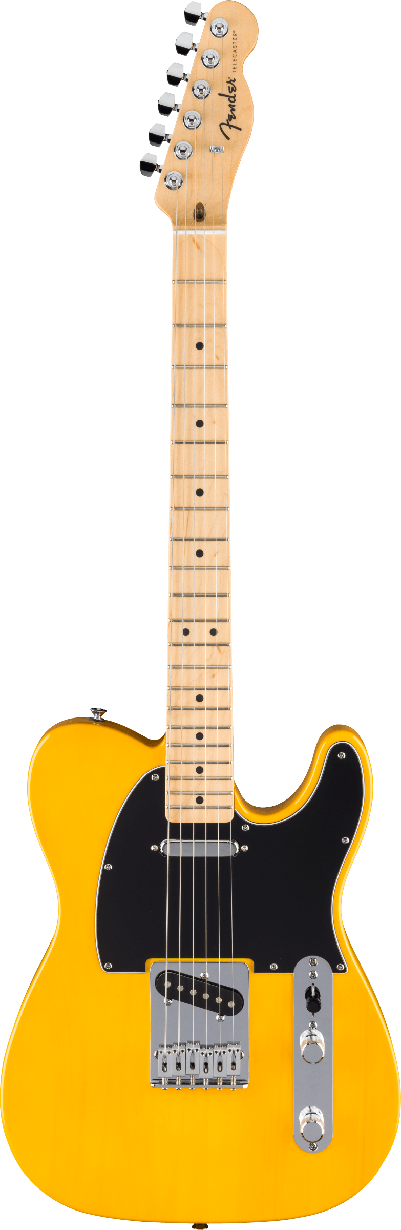 Yellow Fender Telecaster electric guitar with black pickguard, chrome control plate, two pickups, six tuning pegs, and a maple fretboard.