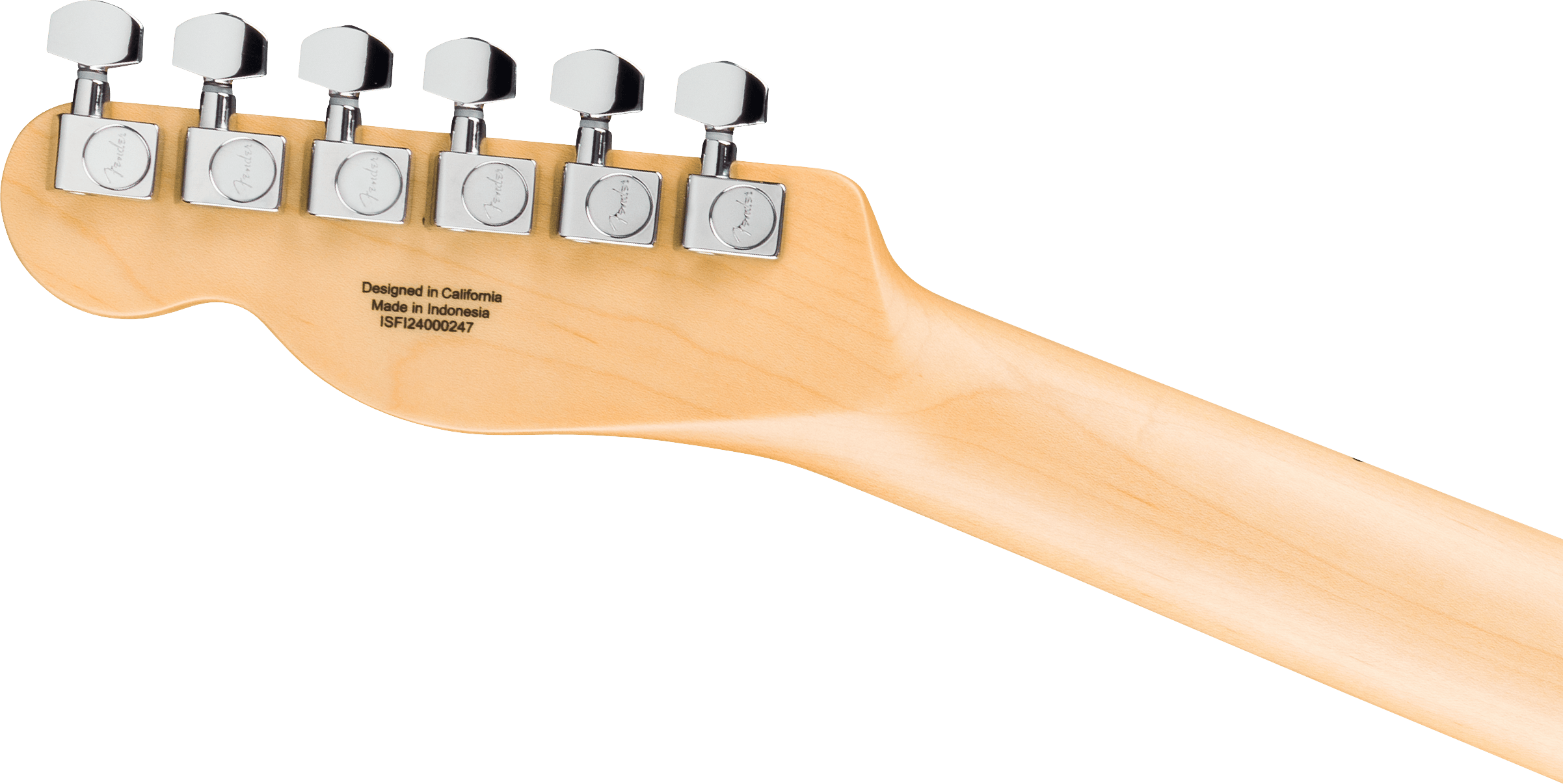 The back of an electric guitar headstock with six chrome tuning pegs and text stating it was designed in California and made in Indonesia.