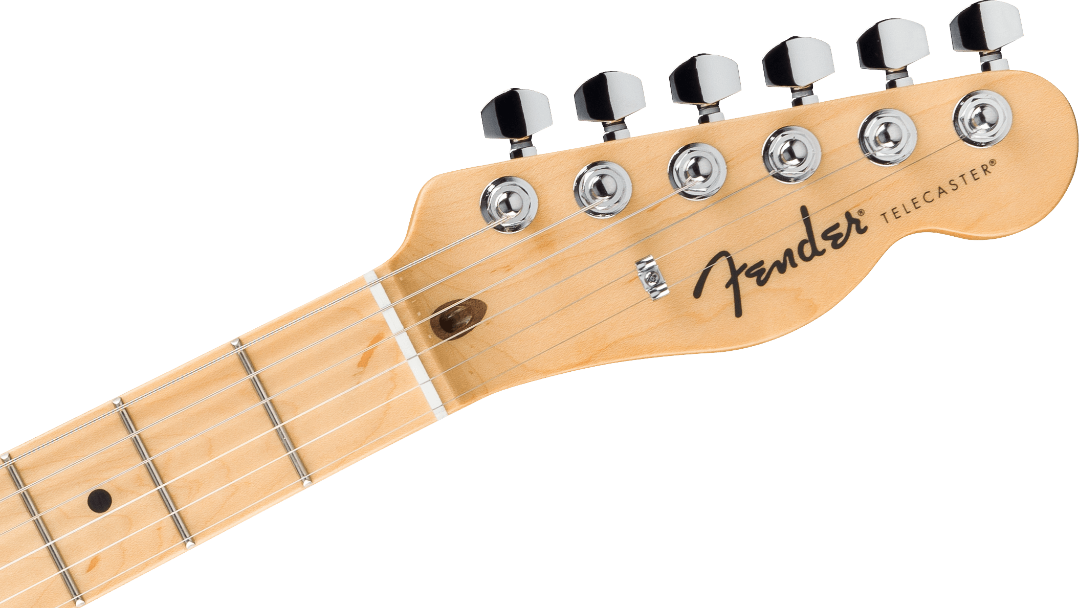 Light wood Fender Telecaster electric guitar headstock with six chrome tuning pegs and black logo, attached to a maple fretboard with dot inlays.