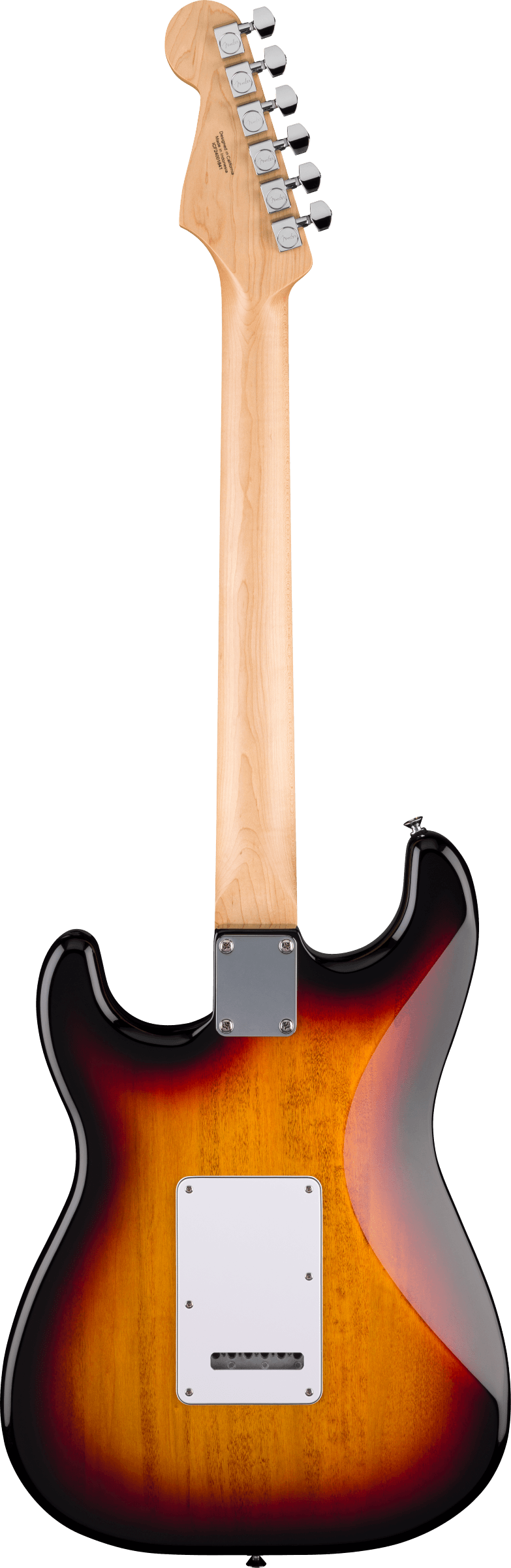 Sunburst finish electric guitar, viewed from the back, showing a maple neck, chrome tuners, and a white rectangular plate on the body.