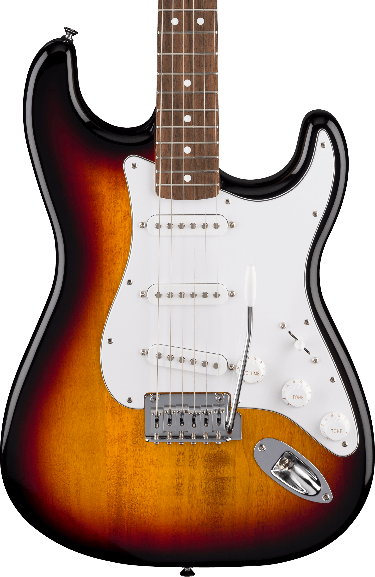 Sunburst electric guitar with a white pickguard, three single-coil pickups, and control knobs for volume and tone.
