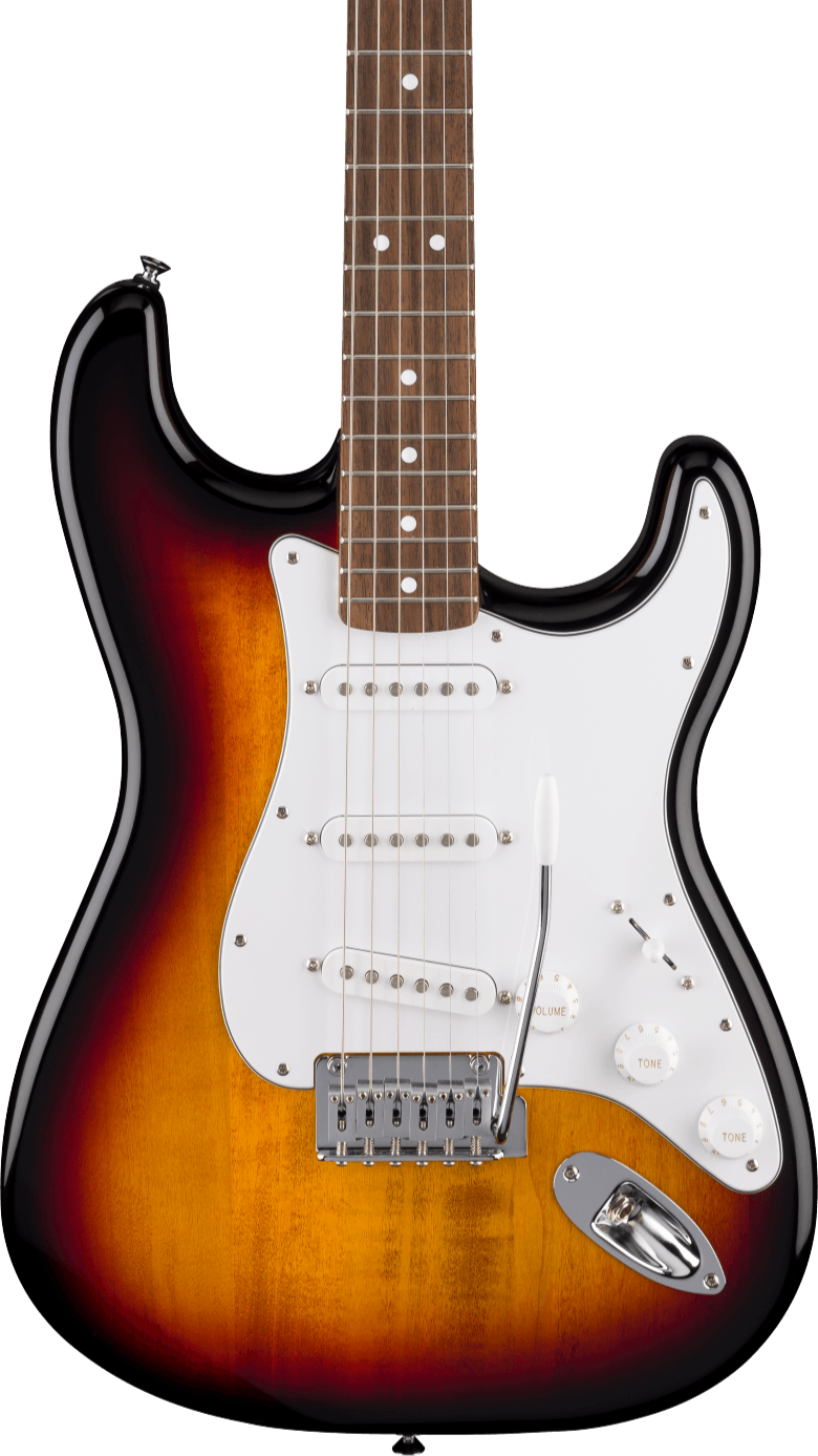 Sunburst electric guitar with a white pickguard, three single-coil pickups, three control knobs, and a whammy bar.
