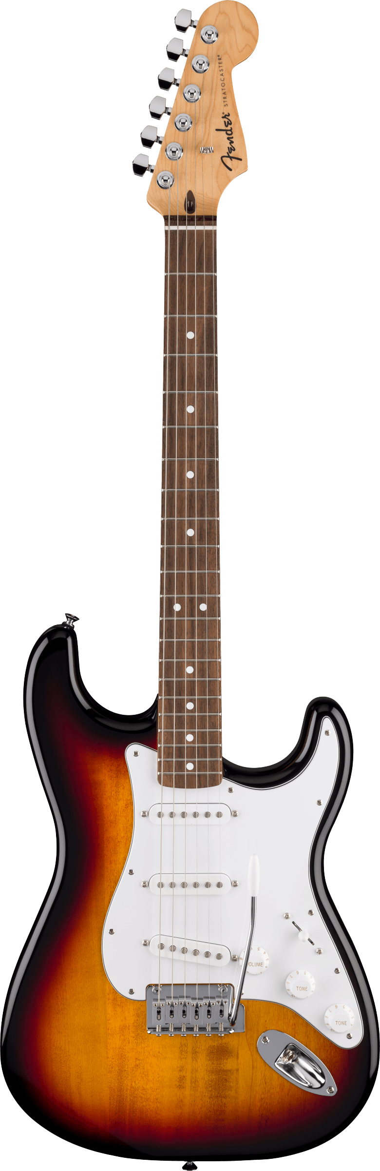 Sunburst Fender Stratocaster electric guitar with a white pickguard, three pickups, five-way switch, and six tuning pegs on the headstock.