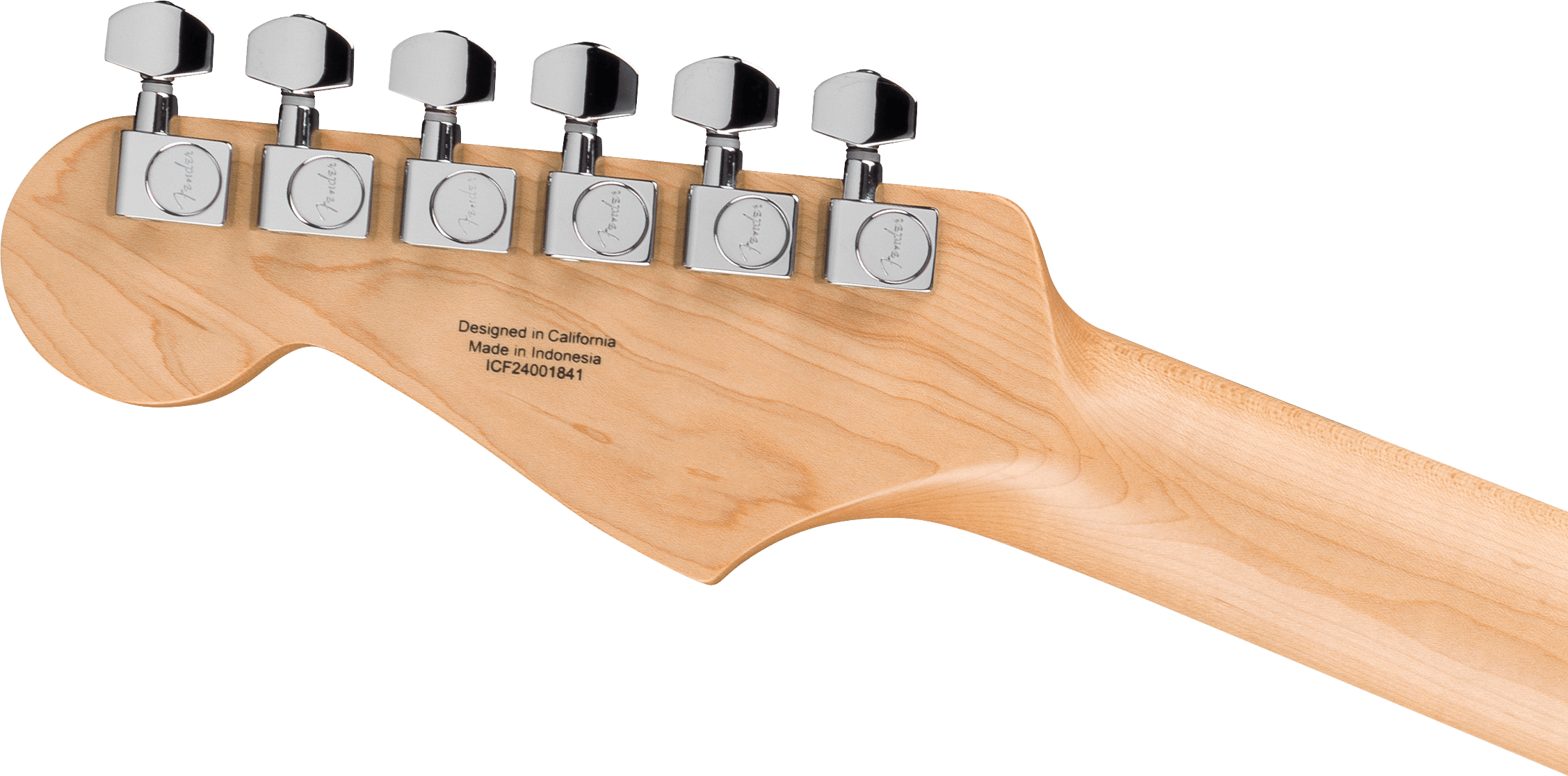 Six chrome tuning pegs on a light wood electric guitar headstock, with "Designed in California, Made in Indonesia" and a serial number printed.