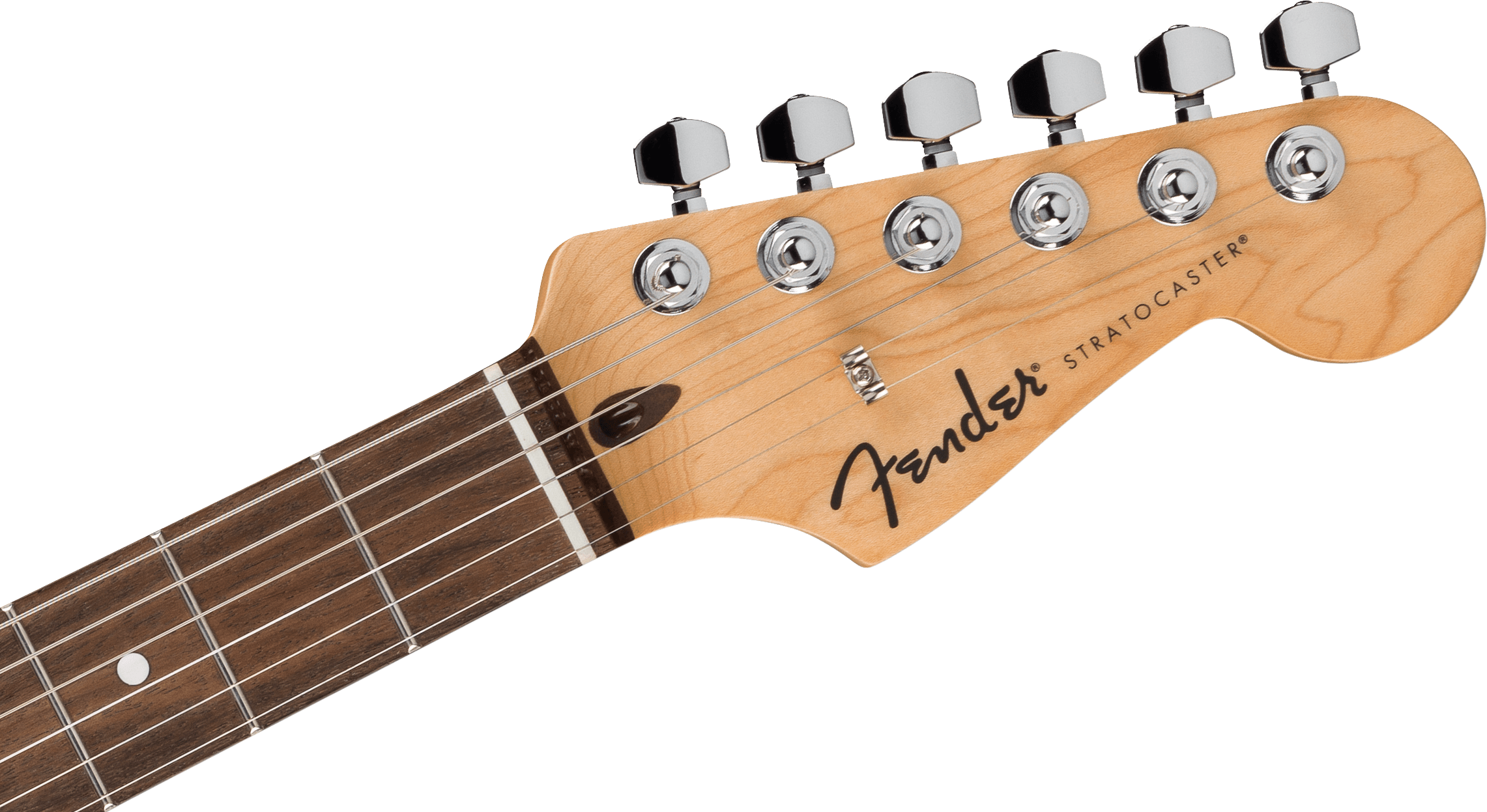 Light wood Fender Stratocaster electric guitar headstock with six chrome tuning pegs and part of a dark wood fretboard, logo visible.